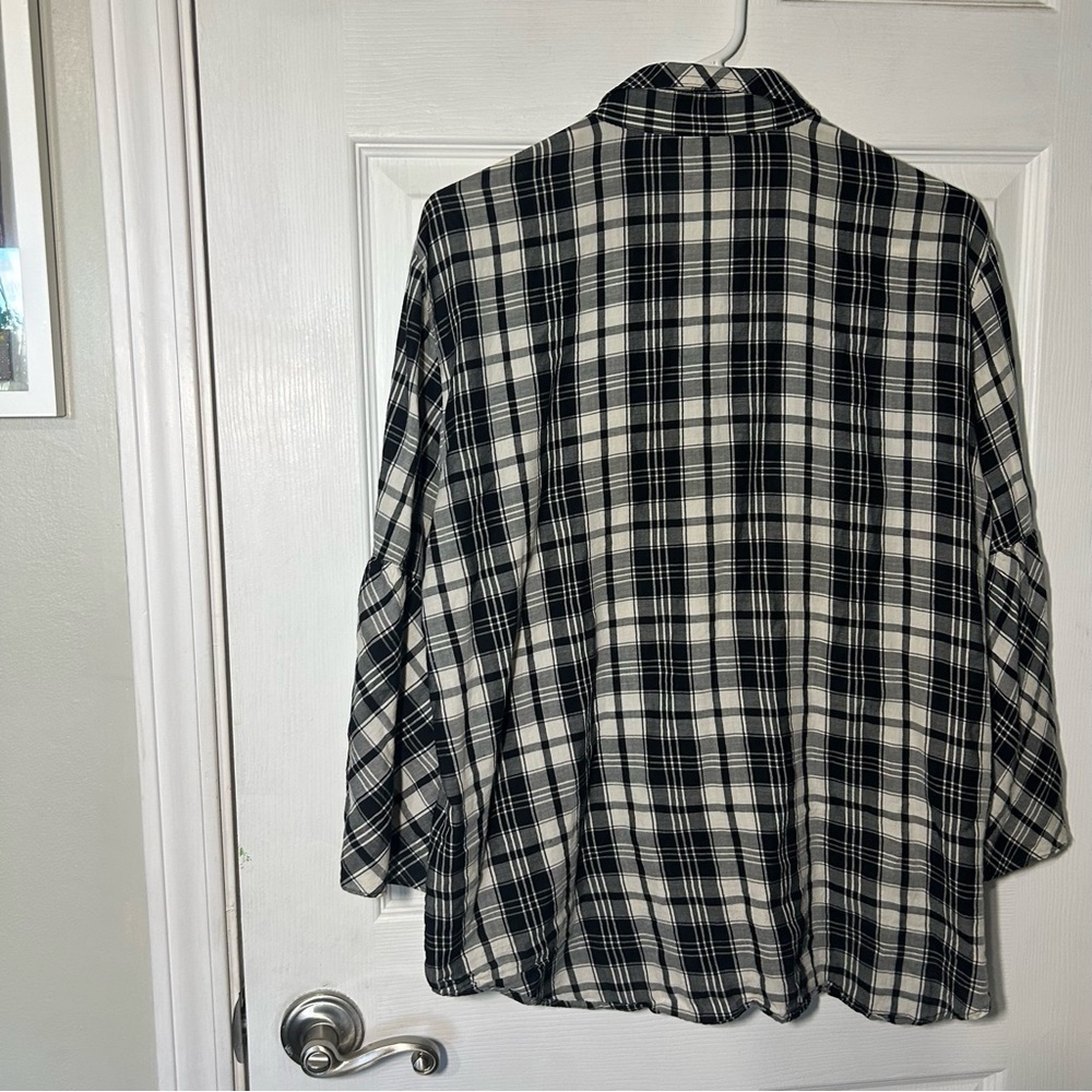LAUREN RALPH LAUREN LRLPlaid Button Down Shirt Black White Bell Sleeve Large - Picture 10 of 12